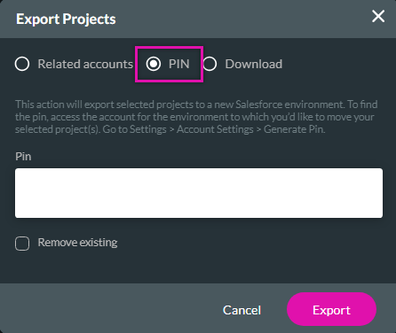 export project using pin method 