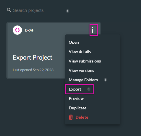 project kebab menu opened with export option highlighted 