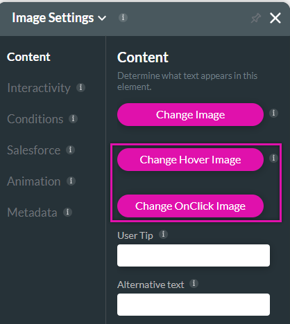 image settings menu with change hover and onclick image buttons 