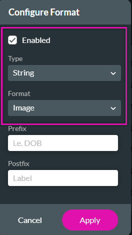 configure format window showing the image format highlighted