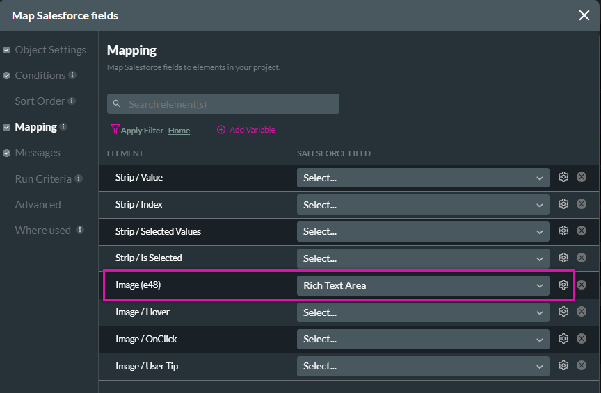 Mapping tab showing image in project mapped to Salesforce rich text field. 