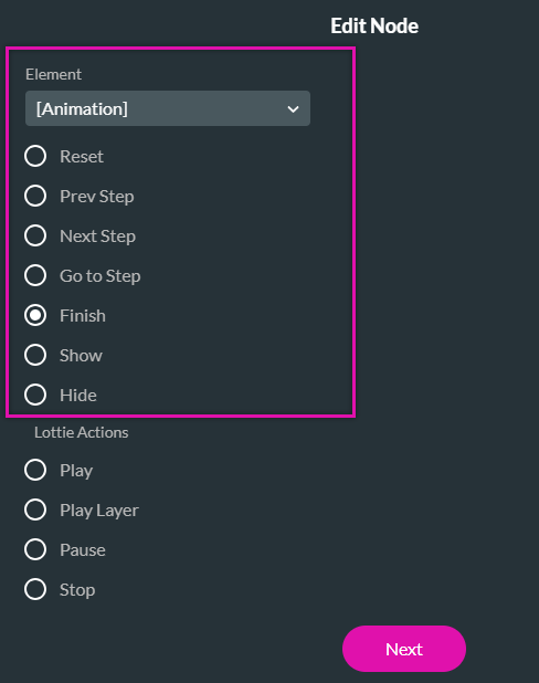 element animation options when configuring a on click action 
