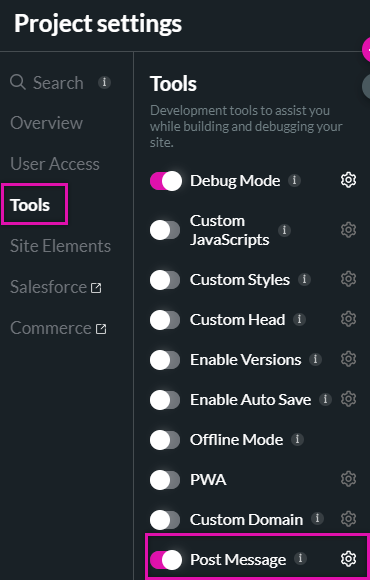 project settings > tools tab > post message toggle switch 