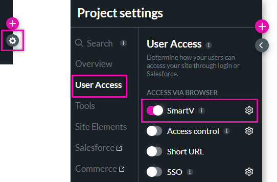 project settings gear icon > user access tab > smart v