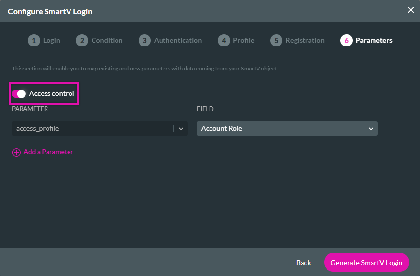 enable access control in the parameters step of smart v 