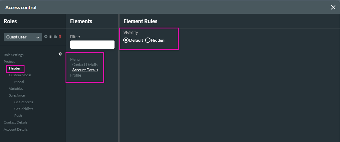 using the options to show and hide project components 