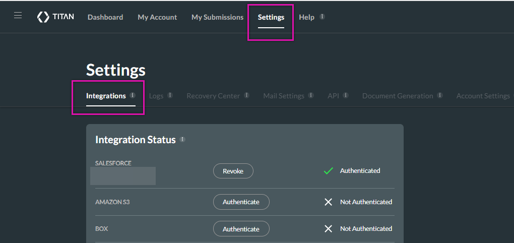 titan dashboard > settings tab > integrations 