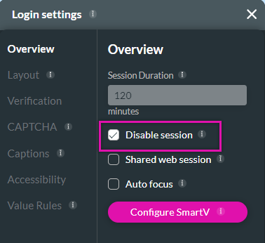 login settings meny > disable session 