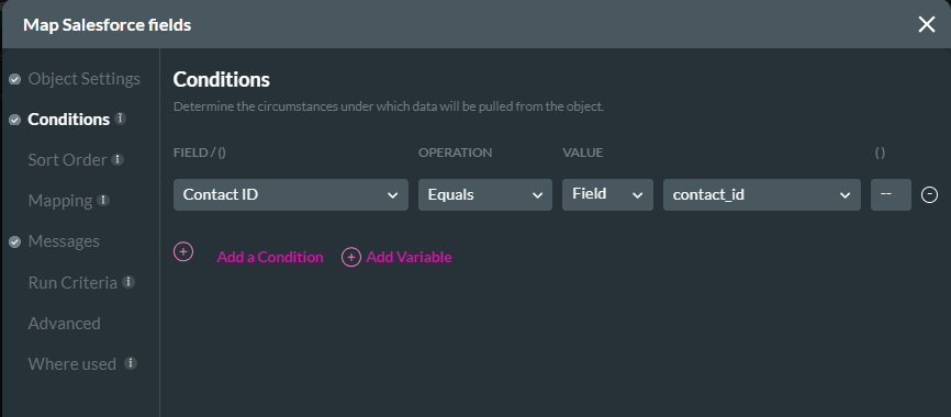 creating conditions for salesforce actions 