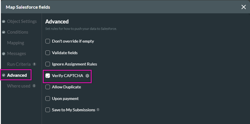 Map Salesforce fields > advanced tab 