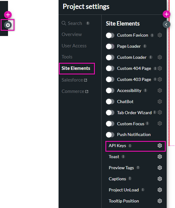 project settings > site elements tab 