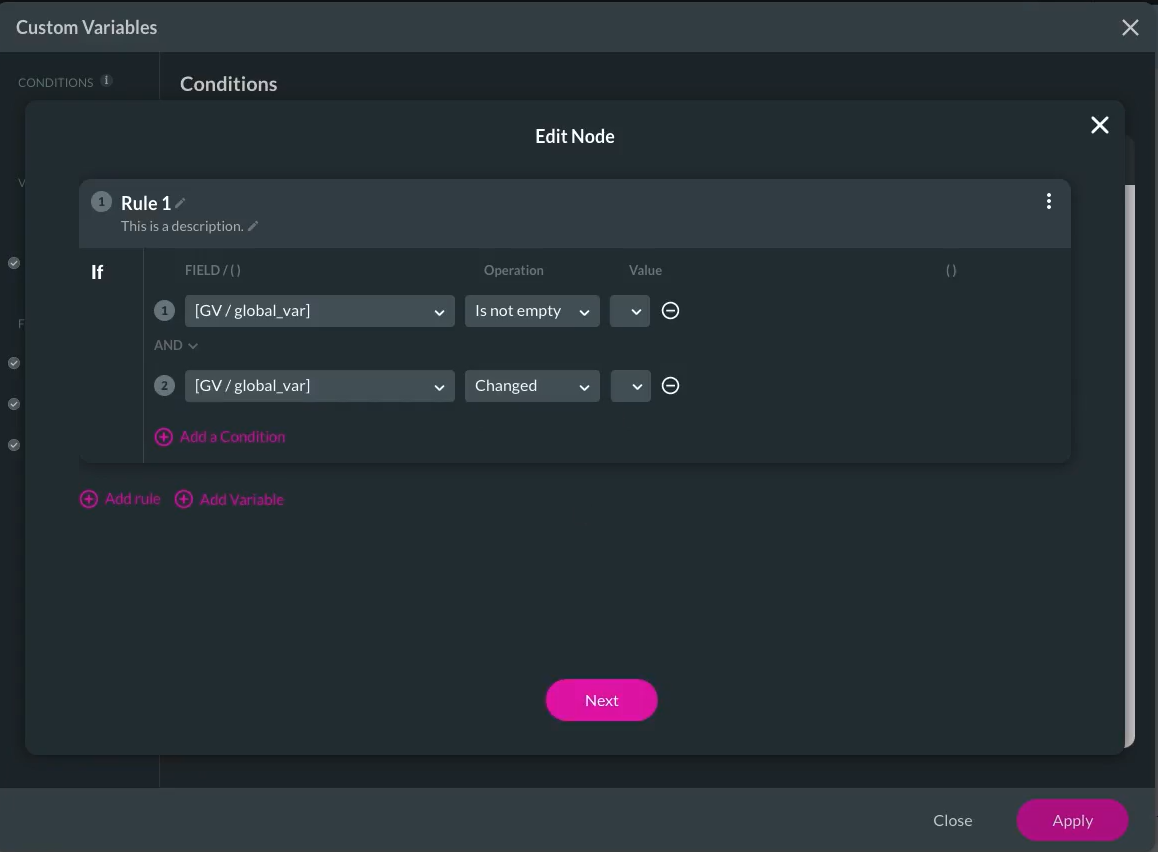 custom variables > configuring conditions 