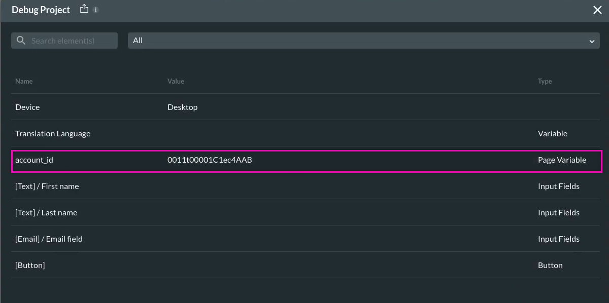 debug project - listed page variables 