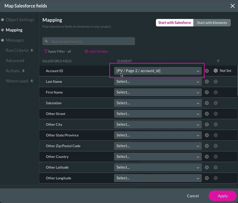 mapping fields showing how page variables are displayed 