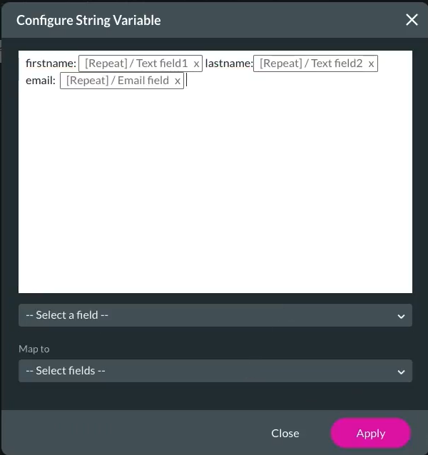 configure string variable for repeat strip 