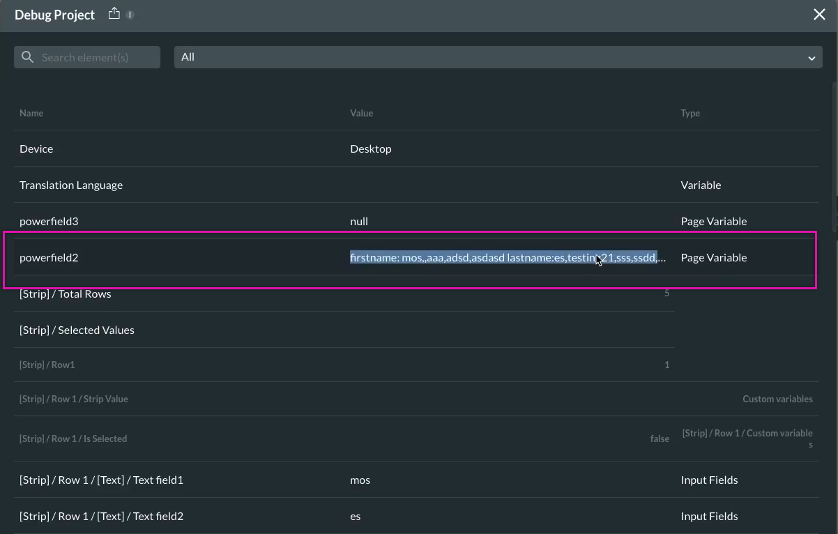 debug project showing how the variables work when using a repeat strip 