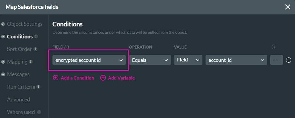 map salesforce fields> conditions tab 