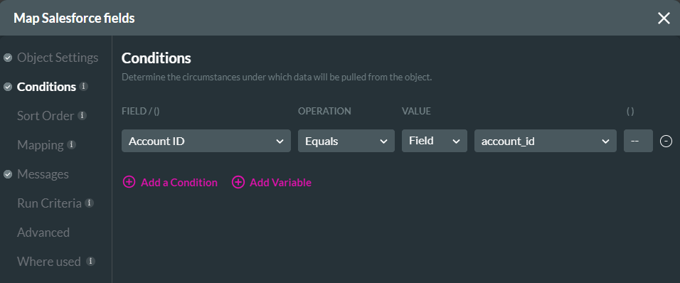 map salesforce fields > conditions tab 