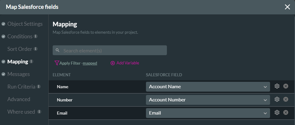 Map salesforce fields > mapping tab 