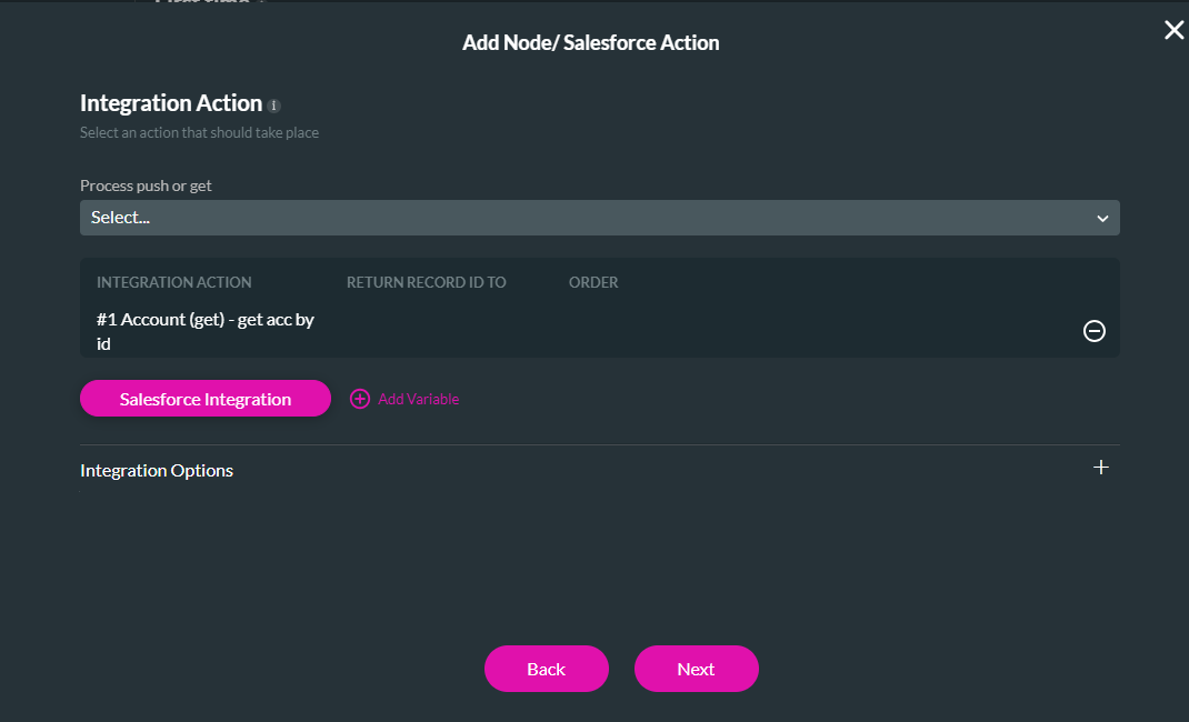 add node / salesforce action 