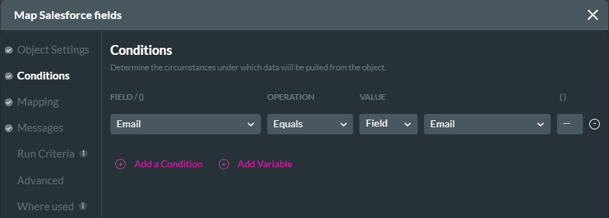 map salesforce fields > conditions tab 