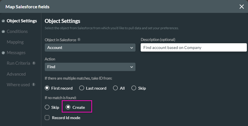 Using the create option when configuring the object settings 