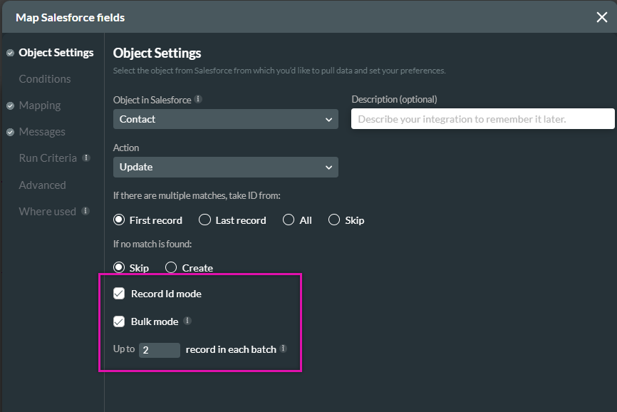 screenshot showing how the bulk mode option is available if Record ID mode is enabled 