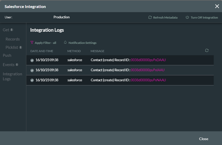 screenshot showing the successful integration logs 