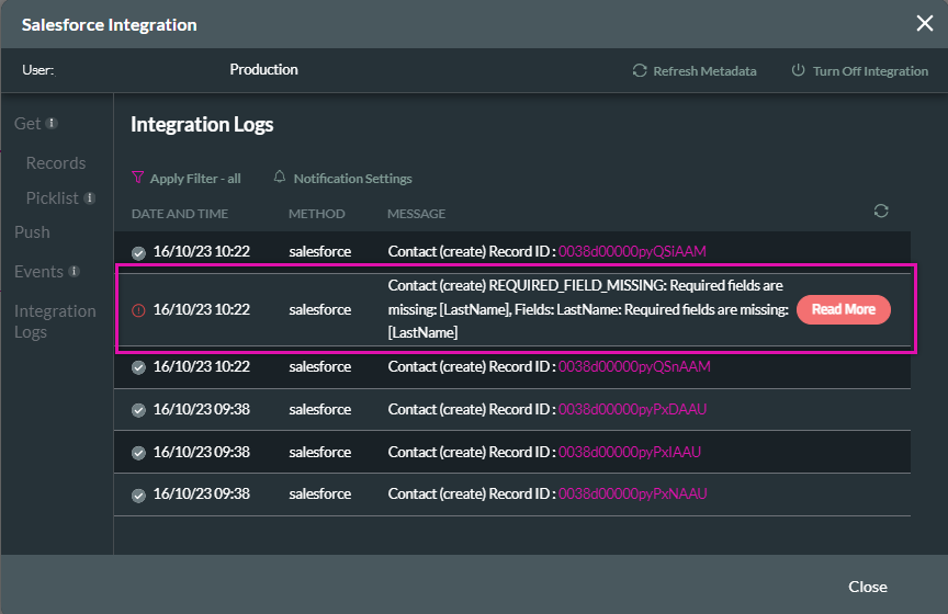 Screenshot showing a failed integration log 