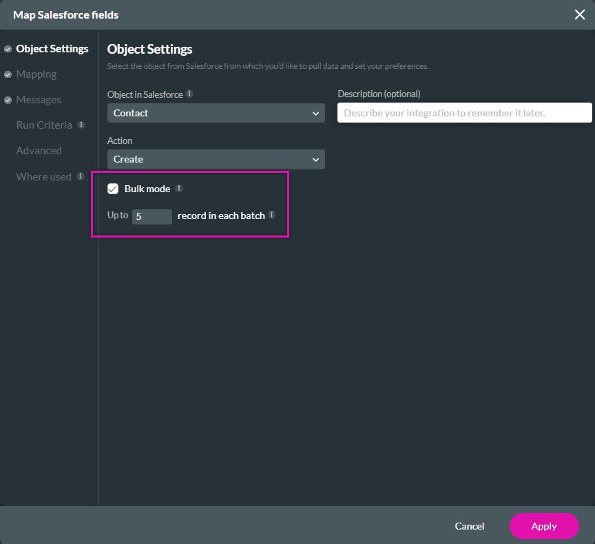 Map salesforce fields window showing bulk mode enabled in the object settings tab 