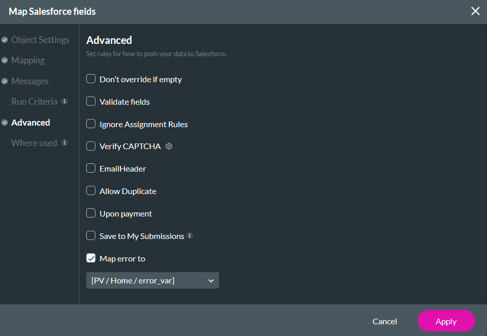 map Salesforce fields advanced tab - map error to feature 