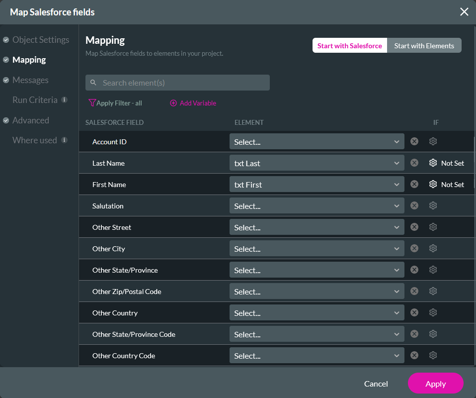 Map Salesforce fields mapping tab 