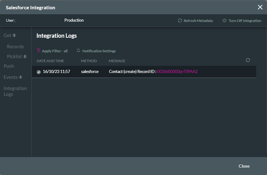 screenshot of the integration logs only showing a created contact