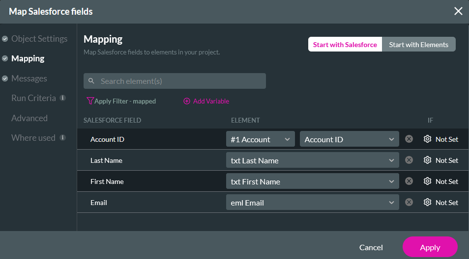 Map Salesforce fields mapping tab 