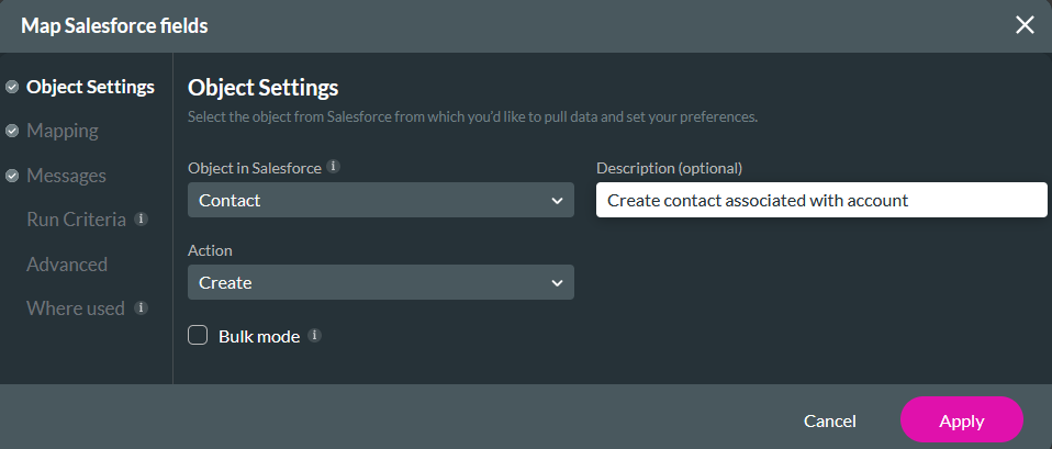 Map Salesforce fields object settings tab 