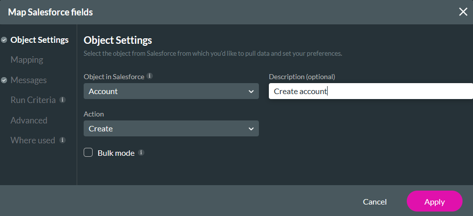 Map Salesforce fields object settings tab 