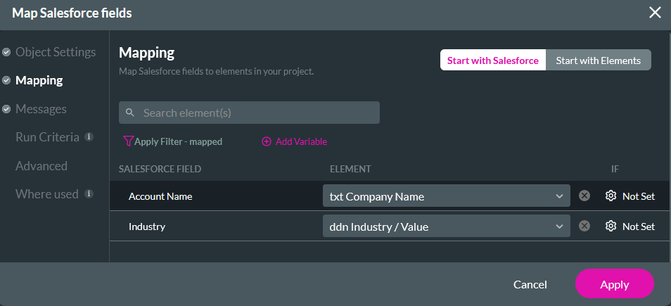 Map salesforce fields mapping tab 