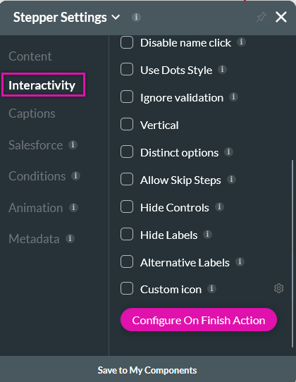 Stepper menu, interactivity tab, configure on click action 