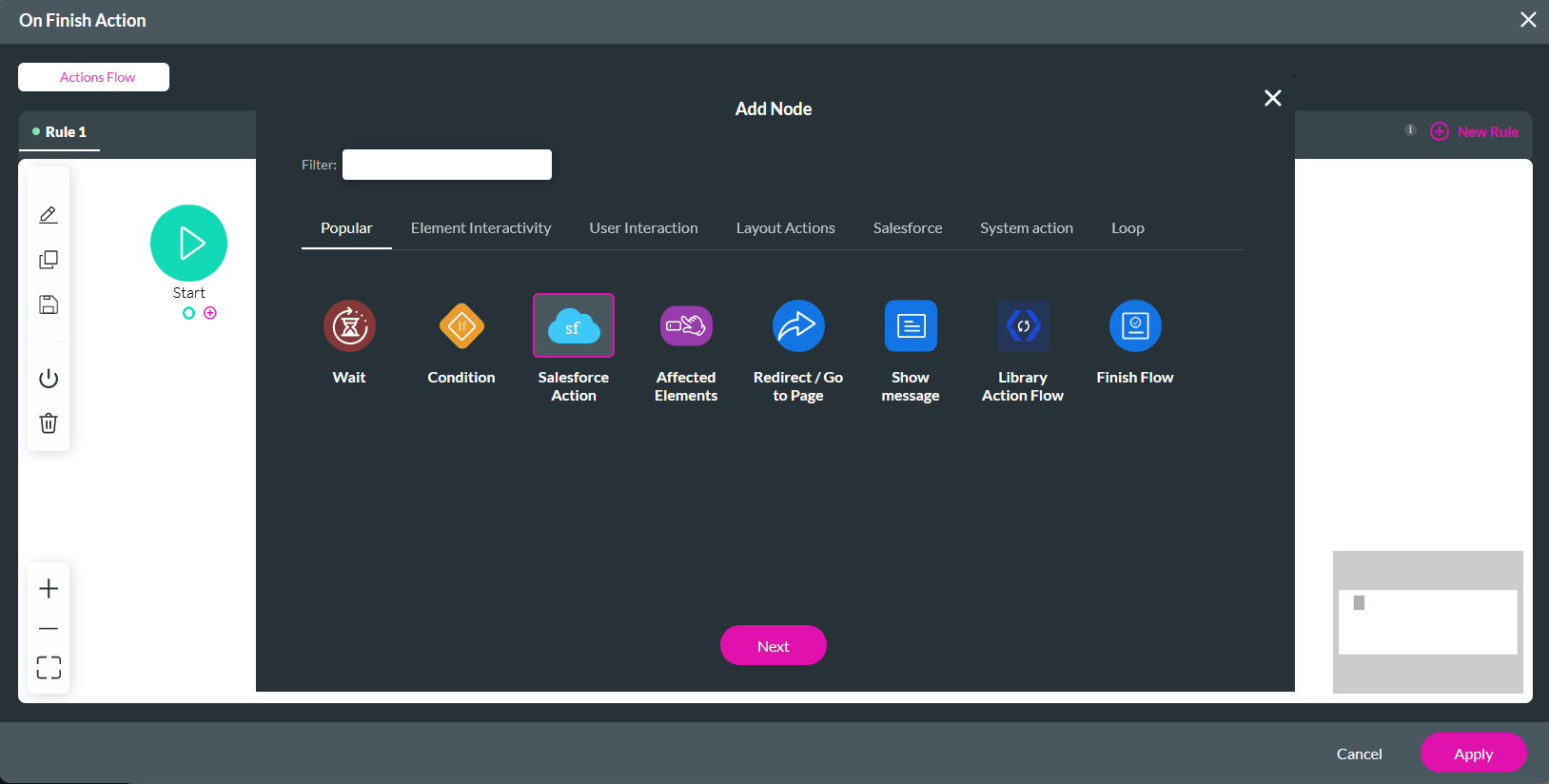 salesforce action node selected 