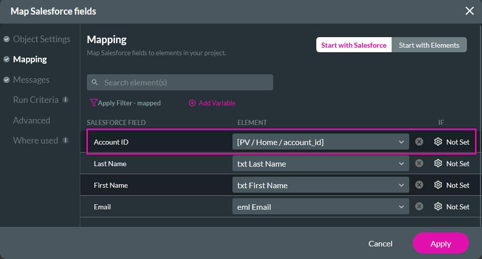 Map salesforce fields mapping tab 