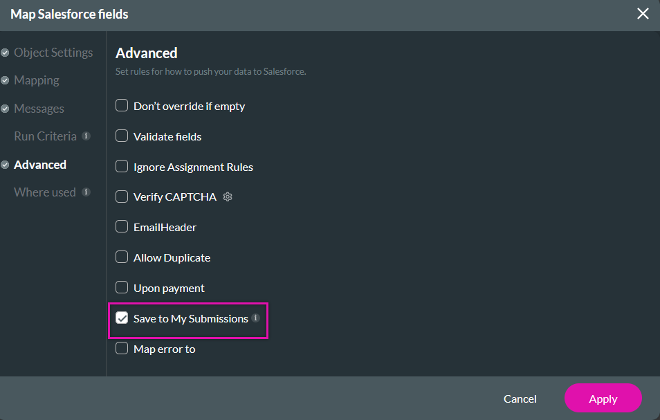 Map Salesforce fields advanced tab 