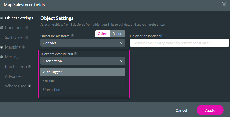 Map Salesforce fields window with trigger options displayed 