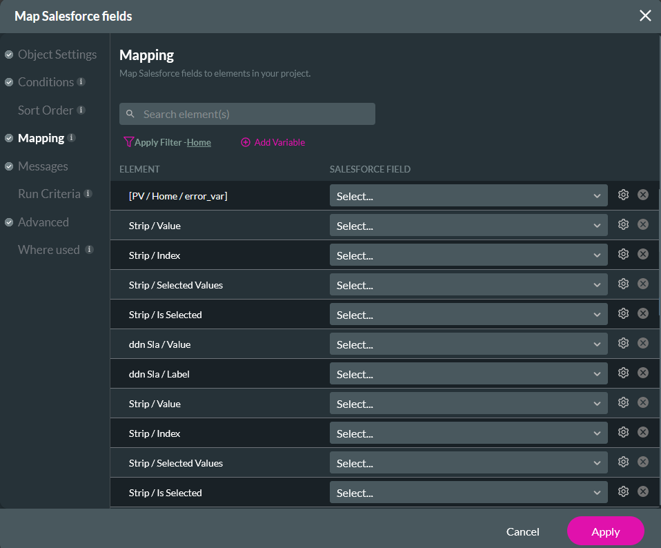 Map Salesforce fields window showing mapping tab 