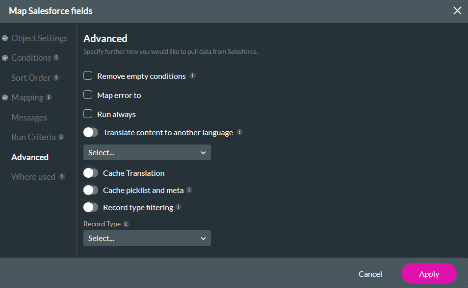 Map Salesforce Fields window showing the advanced tab 