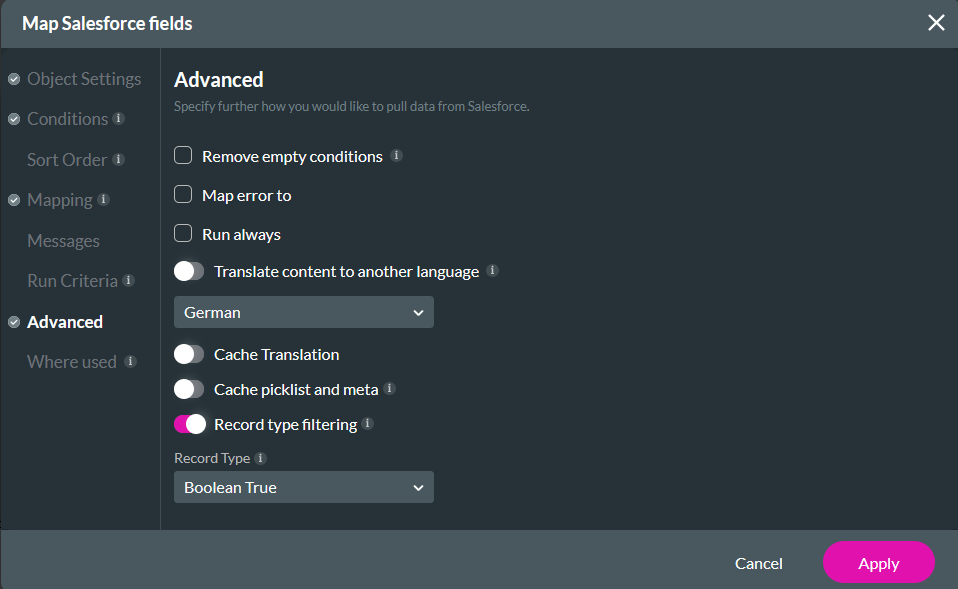 Map Salesforce fields advanced tab showing record type filtering