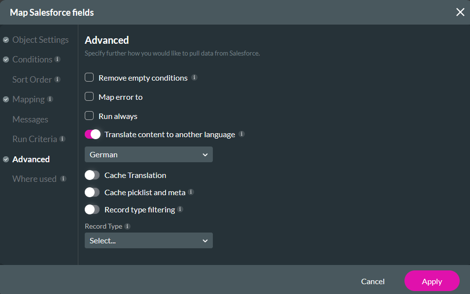 Map Salesforce fields advanced tab showing translation config 