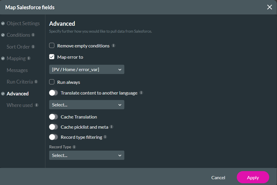 Map Salesforce fields advanced tab showing map error to config 