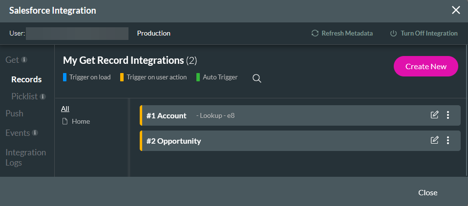 Salesforce integration window with get records tab displayed 