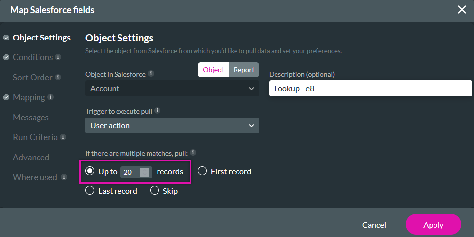 Map Salesforce fields with object settings tab showing the multiple matches limit 