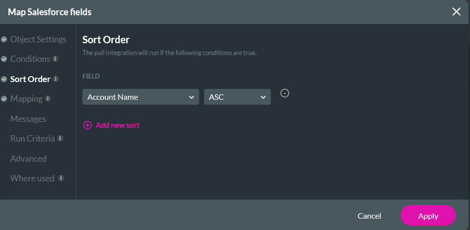 Map Salesforce fields with sort order tab displayed 